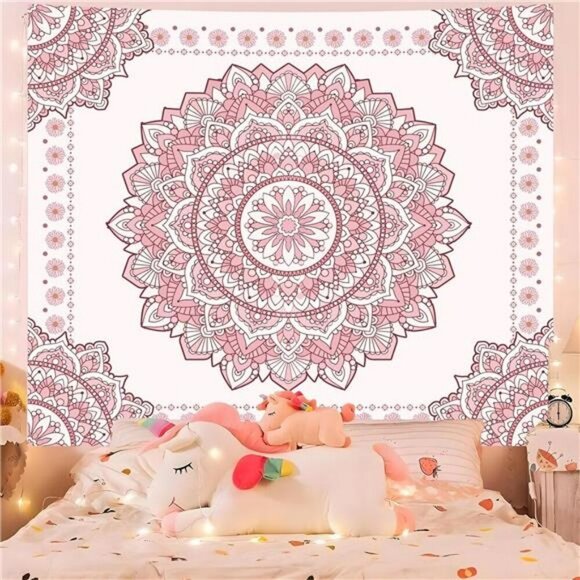 Boho Pink Mandala Wall Tapestry Floral Dorm Room Decor for Teen Girls Bedroom - Picture 3 of 8